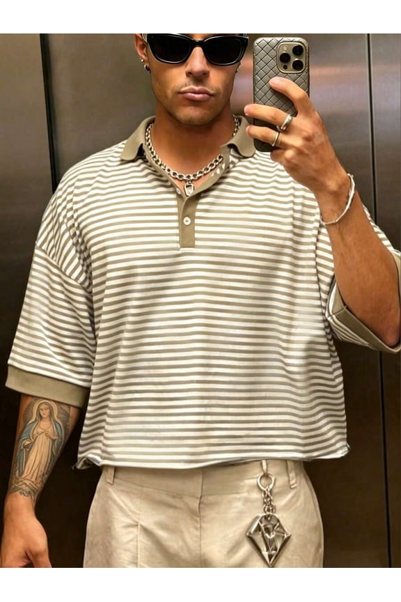 Khaki And White Horizontal Stripe Polo Shirt Boxed Loose Fit Short Sleeve Collared Casual Summer Top