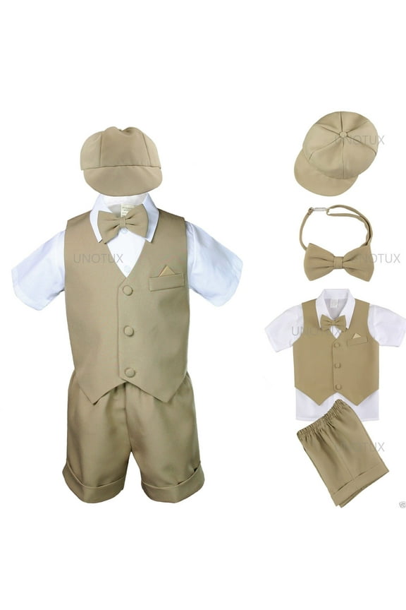 Khaki Baby Infant Boy Toddler Formal Eton Suit Vest Set Shorts S M L XL 2T 3T 4T