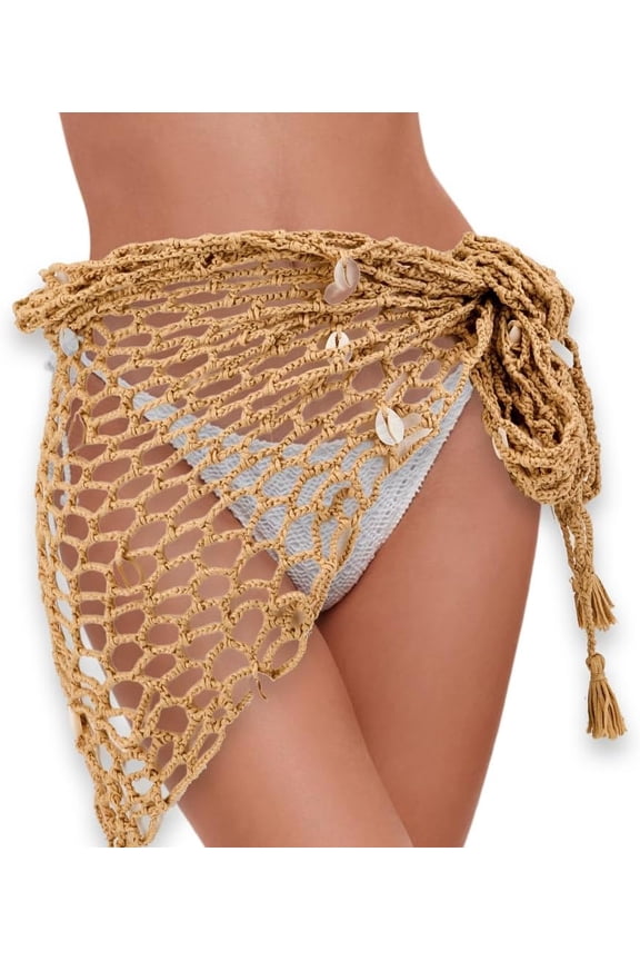 Khaki Beach Crochet Shawl Net Triangle Sea Shell Swimwear Cover up Sexy Seashell Fishnet Skirt Dress Hollow Out Cover Ups Sarong Shawls Wraps