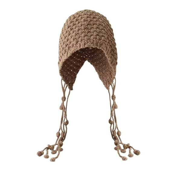 Khaki Beanie for Women, Women's Handmade Crochet Beanie Tassel Earflaps Knit Hat with Pom Pom, Falls Winter Outdoor Skull Cap Gifts for Her