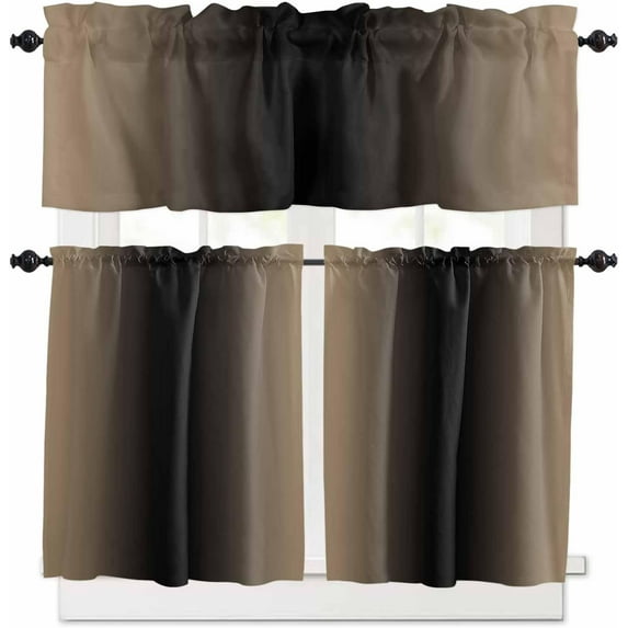 Khaki Black Ombre Kitchen Curtains and Valances Set, Rod Pocket Curtains Tier Farmhouse Window Curtains 24 Inch Length, Vintage Gradient Abstract Aesthetics 3 Piece Kitchen Curtains Set