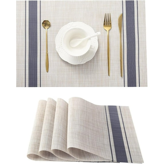 Khaki-Blue Placemats, Heat Resistant Non-Slip Place mats for Dining Table, Washable Durable PVC Vinyl Woven Table Mats (Set of 4)
