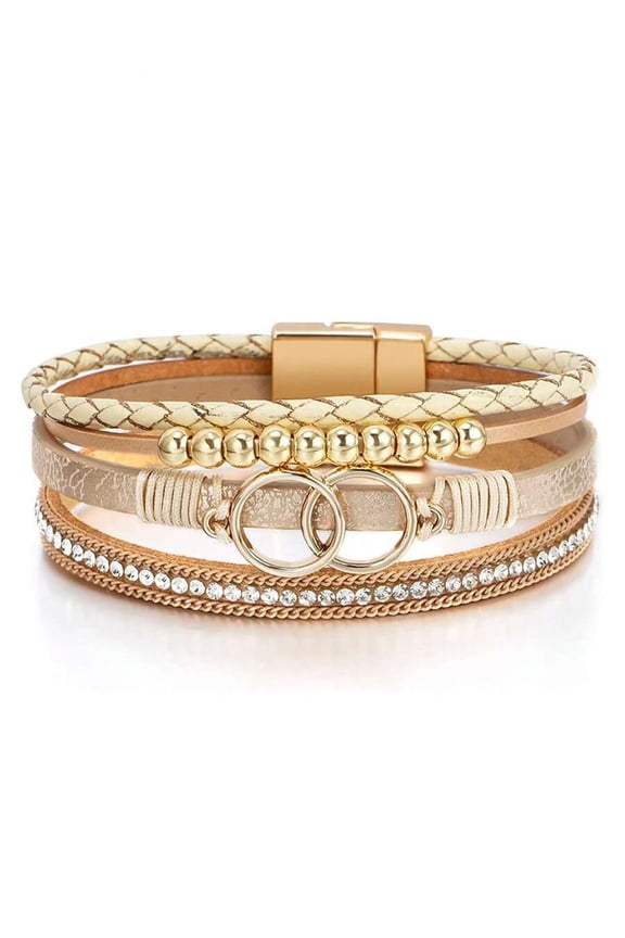 Khaki Bohemian Wrap Bracelet With Double Rings, Beads And Rhinestones For Women