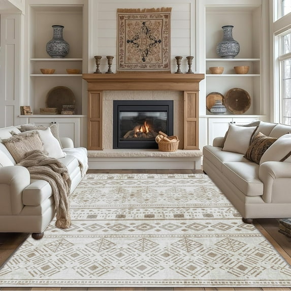 Khaki Boho 6x9 Area Rugs, Washable Kitchen Entry Rug Non Slip, Ultra Soft Print Distressed Geometric Low-Pile Throw Carpet for Bedroom Nursery Dorm Decor