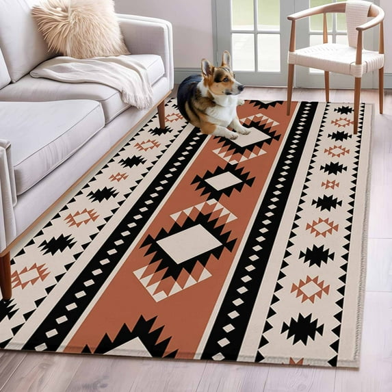 Khaki Boho Area Rug 4x6 Washable Rug Non Slip Vintage Ethnic Tribe Retro Abstract Art Large Area Rug Indoor Floor Carpet for Entryway Bedroom Kitchen Living Room Home Office Dining Room Nursery