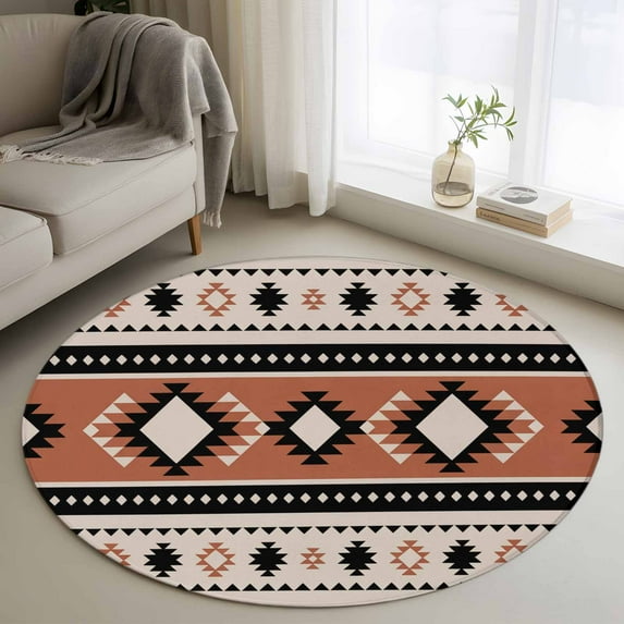 Khaki Boho Round Rug 3.3ft Washable Circle Entryway Rugs Non Slip Vintage Ethnic Tribe Retro Abstract Art Area Rug Indoor Floor Carpet for Bedroom Kitchen Living Room Home Office Dining Room Nursery
