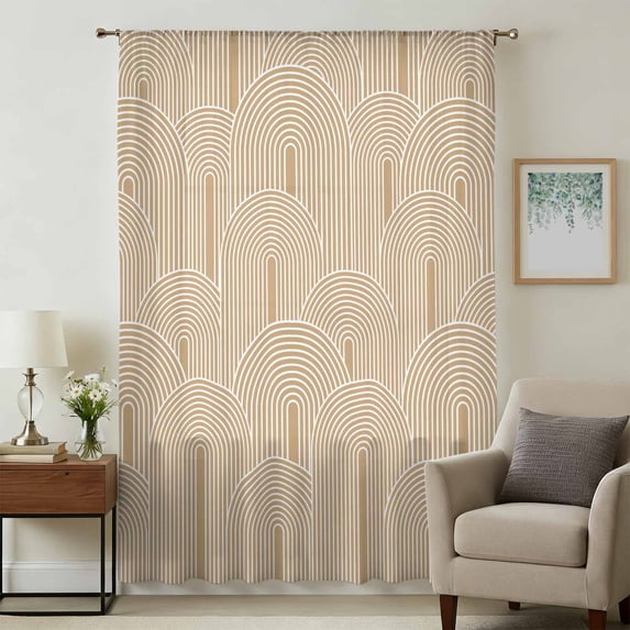 Khaki Boho Sheer Curtains 54 Inches Long, Middle Century Modern Abstract Art Light Filering Curtains, Breathable Simi Curtain Privacy Drapes for Kitchen Bathroom Lightweight Small Window Treatment