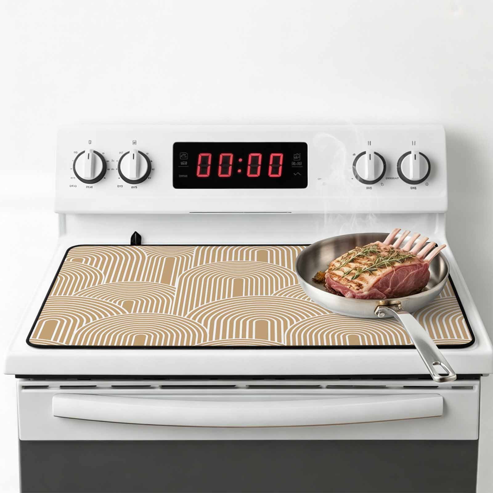 Khaki Boho Stove Top Cover for Electric Stove, Heat-proof & Non Slip Glass Top Stove Cover Protector, Middle Century Modern Abstract Art Kitchen Flat Cooktop Rubber Mat 28.5x20.5 Inches