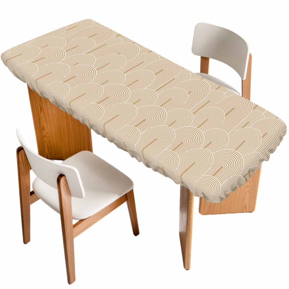 Khaki Boho Table Cloths for 8 Foot Rectangle Tables, Middle Century Modern Abstract Art Patio Waterproof Elastic Fitted Tablecloths, Washable Rectangular Table Cover for Camping