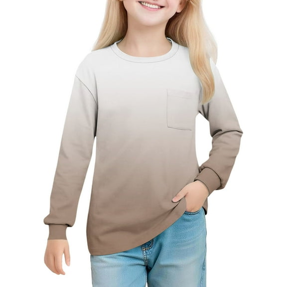 Khaki Boy Girl Children Boy Girl Long Sleeve Tshirts Gradient Print Tee Tops for Child Crew Neck Spandex Summer Fall Shirts 2025 Clothing Y2K 13 Years