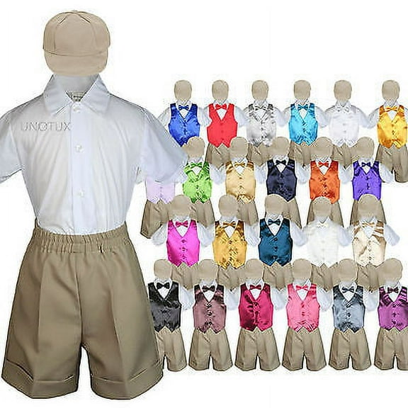 Khaki Boy Toddler Formal Vest Shorts Suit Satin Vest Bow Tie Hat 5PC Set sz S-4T