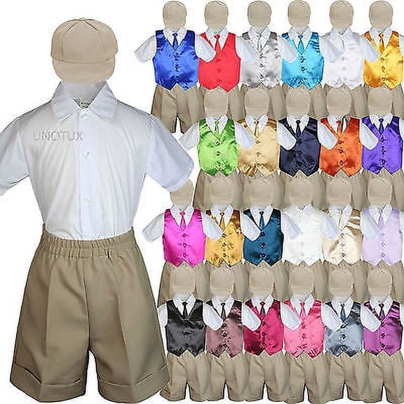 Khaki Boy Toddler Formal Vest Shorts Suit Satin Vest Necktie Hat 5PC Set sz S-4T
