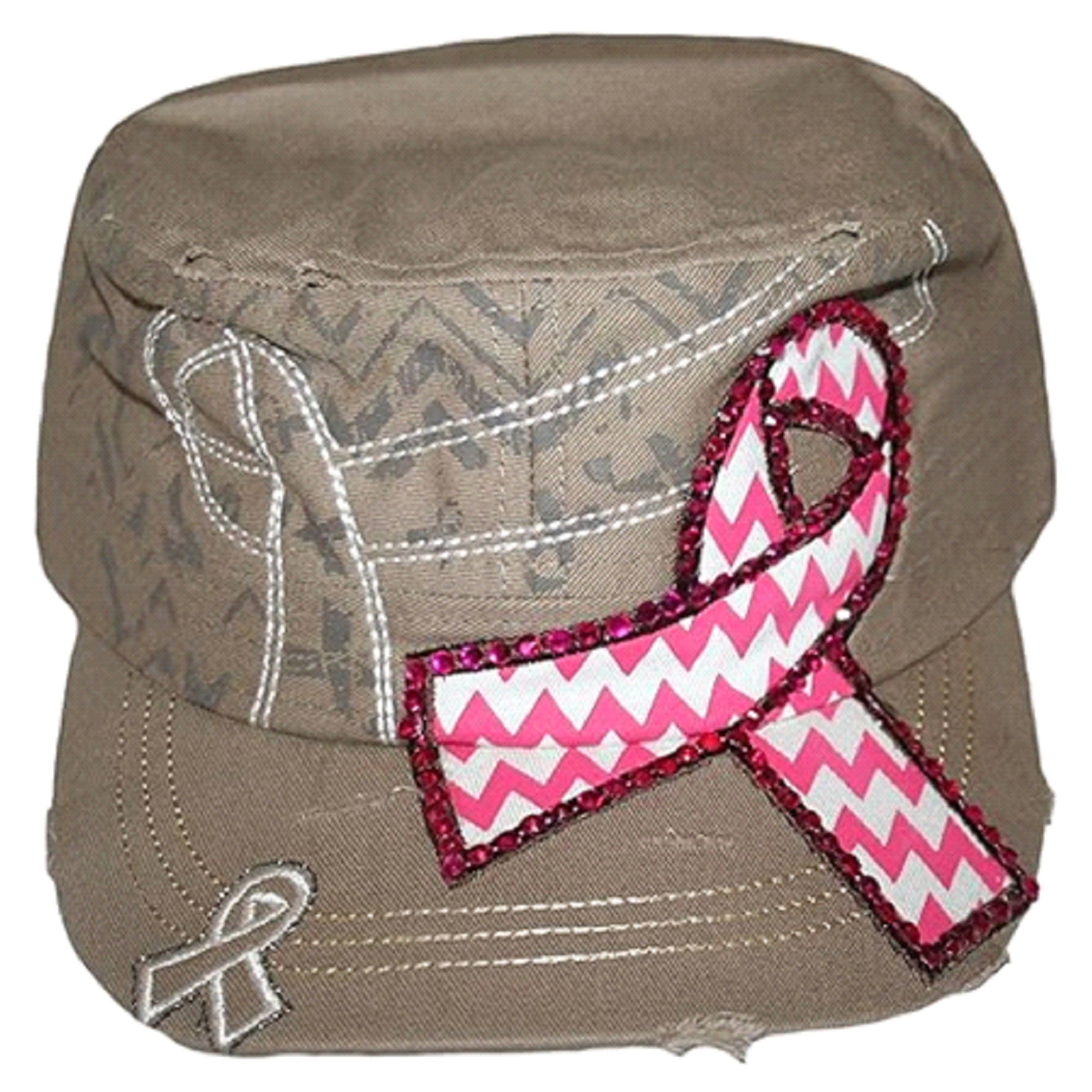 Khaki Breast Cancer Cap with Distressed Edging