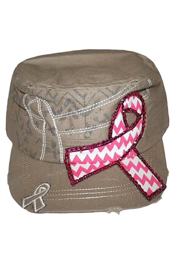 Khaki Breast Cancer Cap with Distressed Edging