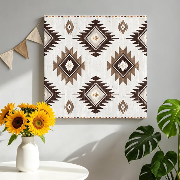 Khaki Brown Canvas Wall Art, Aztec Ethnic Southwestern Native Geometric Framed Canvas Wall Decor Picture Print Artwork Decorations for Living Room Office Ready to Hang 16" x 16"