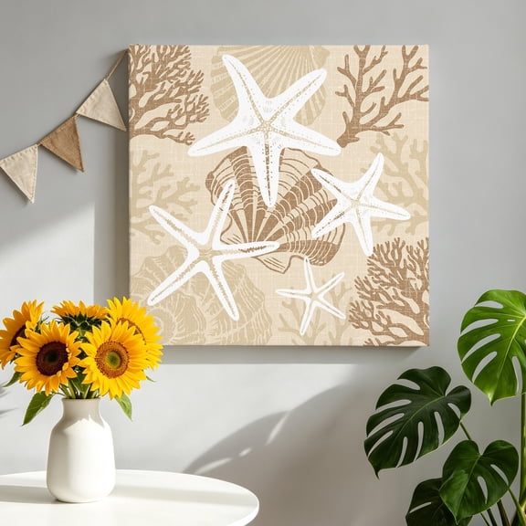 Khaki Brown Coastal Starfish Canvas Wall Art for Living Room, Sea Shell Coral Summer Beach Poster Print Painting for Bedroom Office Home Decoration Wall Pictures Prepare To Hang 8"x8"
