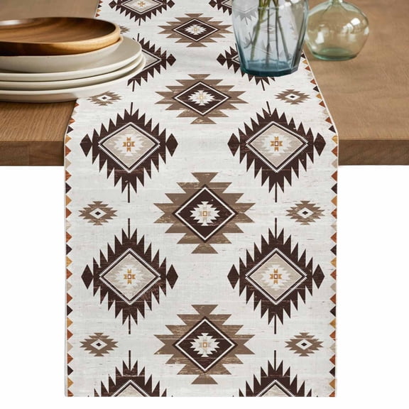 Khaki Brown Table Runner, Aztec Ethnic Southwestern Native Geometric Cotton Linen Kitchen Table Decoration Washable Dining Tabletop Runners for Home Party Decor 13x48 Inches