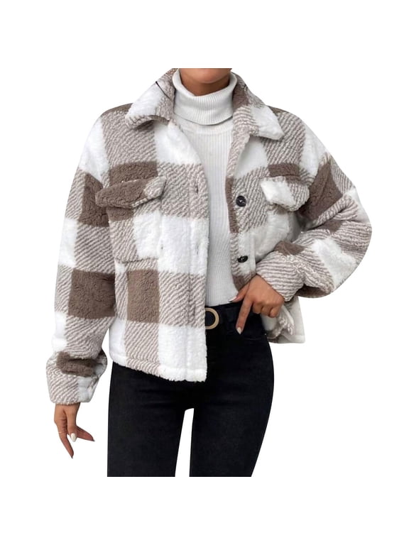 Khaki Brunch Shacket for Ladies Winter Fall Long Sleeve Turtle Neck Plaid Thermal Fuzzy Jackets Shacket Coats Womens 2026 Clothing Trendy Regular Fit L