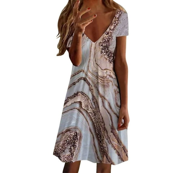 Khaki Brunch Sun Dresses for Women Summer Fall Slip Short Sleeve V Neck Marble Print Maxi Long Loose Fit Dresses Sun Dresses Womens 2025 Clothes Fashion XL