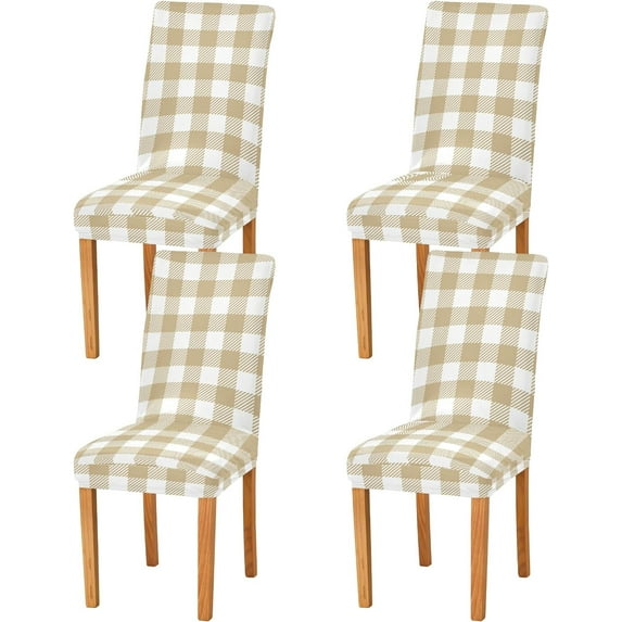 Khaki Buffalo Plaid Check Dining Chair Covers Set of 4 Spandex Stretch Chair Covers Decoration for Home Banquet Ceremony