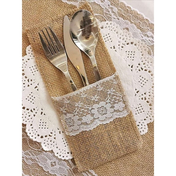 Khaki Burlap Lace Flatware Storage Bag, Polyester Cutlery Organizer for Kitchen Drawer or Table Setting