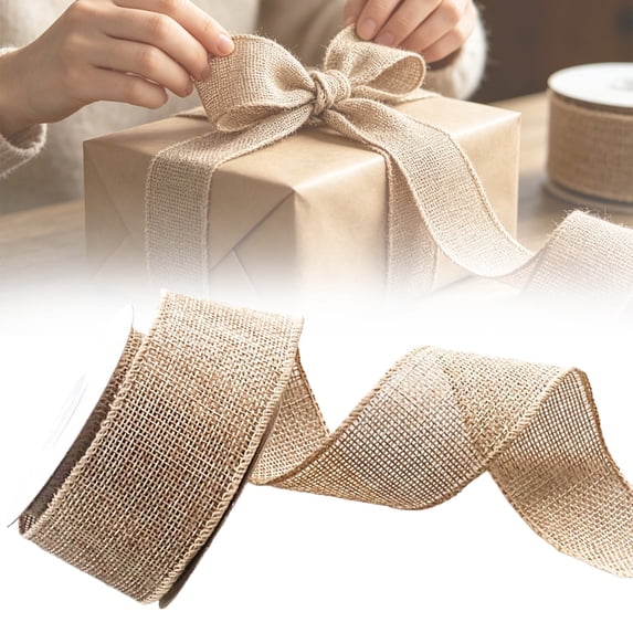 Khaki Burlap Wired Ribbon for Gift Wrapping Solid Ribbon with Wire Edge for Big Bow,Wreath,Xmas Tree Decoration,Flower Bouquet Bow Making Wedding Birthday Christmas Decor Jute Rustic Line Ribbons