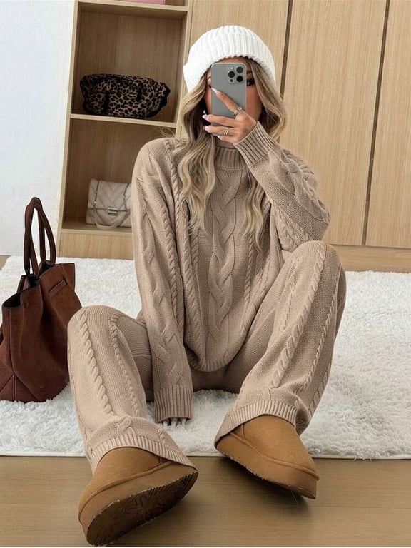 Khaki Cable Knit Sweater And Pants Set