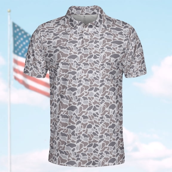 Khaki Camouflage Polo Shirt for Men Short Sleeve Outdoors Hunting Shirt 3D