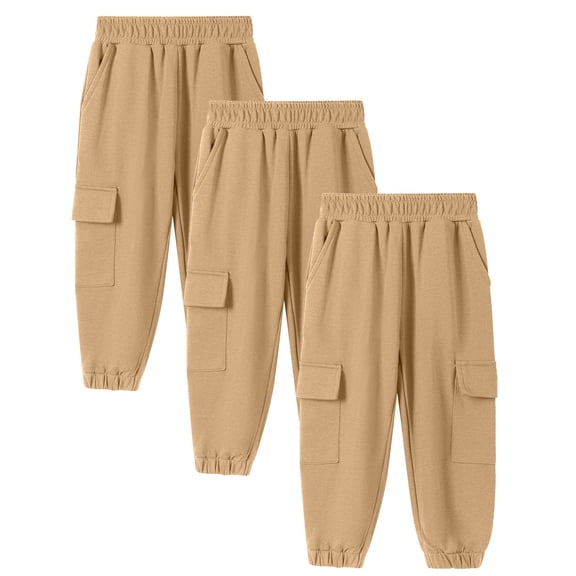 Khaki Cargo Jogger Pants 3 Pack - 100% Cotton Elastic Waist with Functional Pockets for Boys 4-12 Years,Size 8-9T