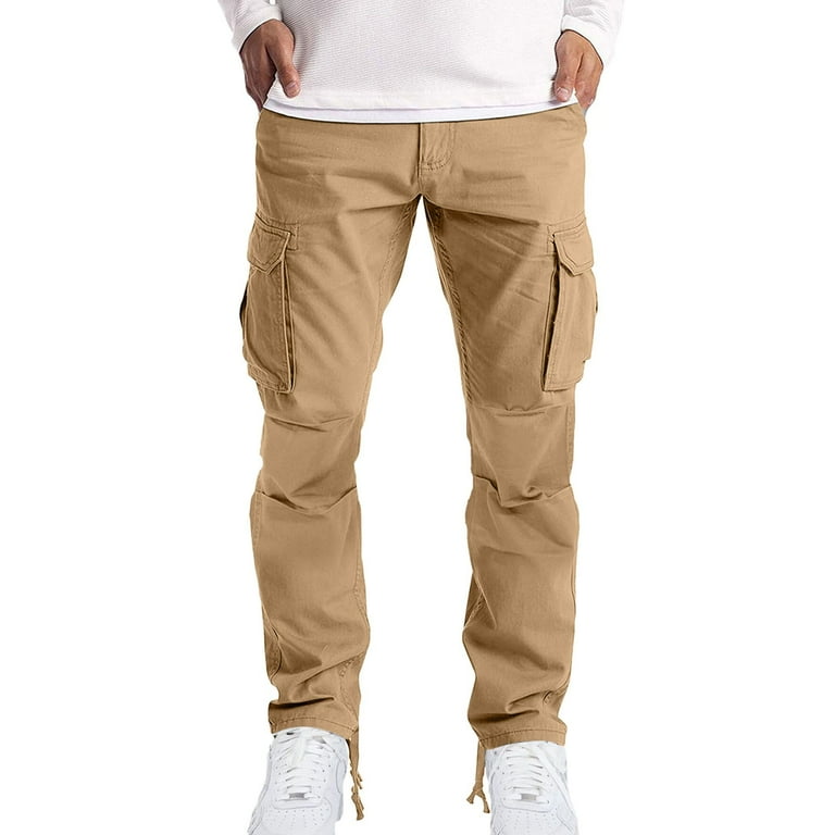 Khaki Cargo Pants Men S Four Seasons Street Casual Sports Double Pleated Design Solid Color Multi Pocket Straight Tube Zipper Leg Drawstring Cargo