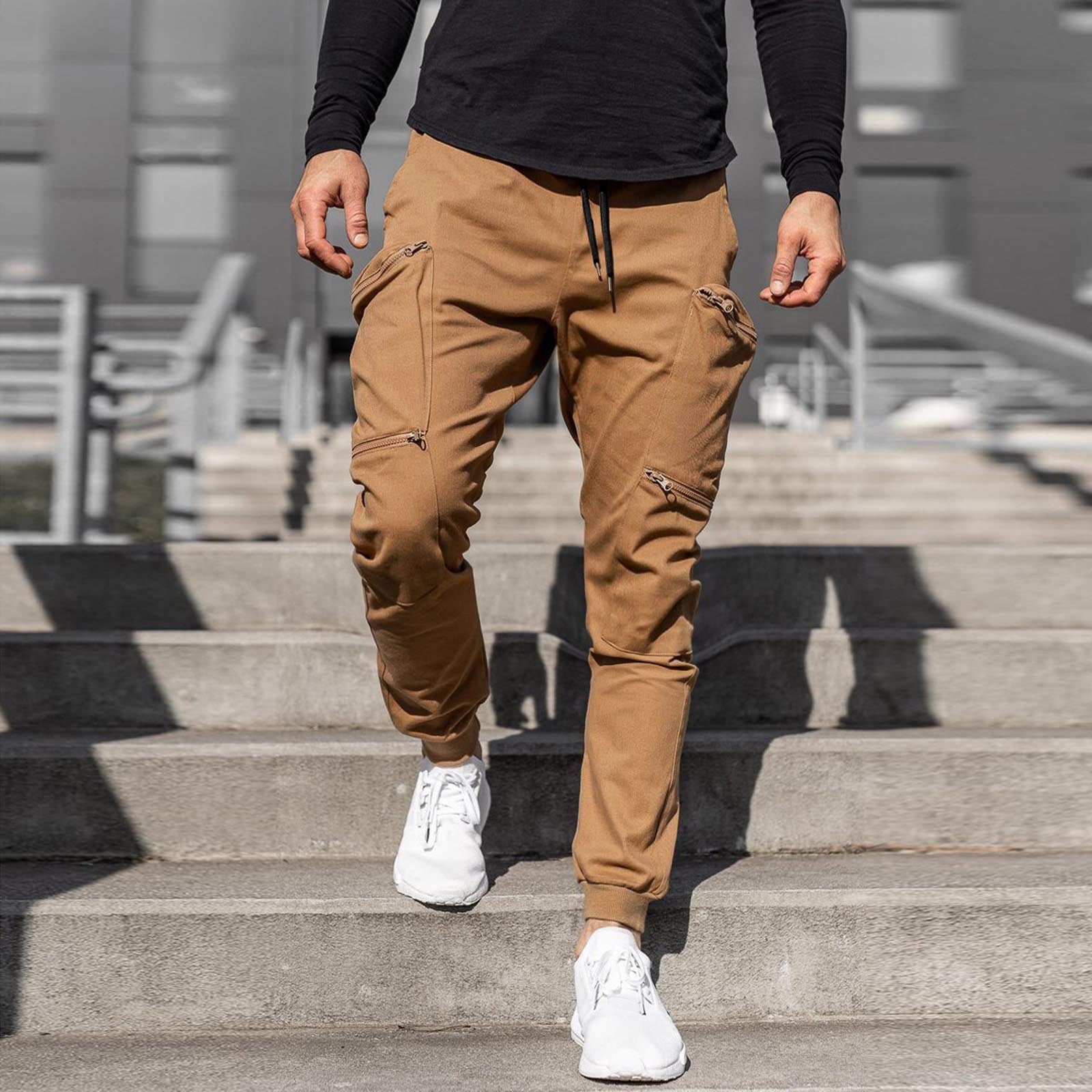 nochalofo Khaki Full Length Cargo Pants, Mens Patchwork Casual