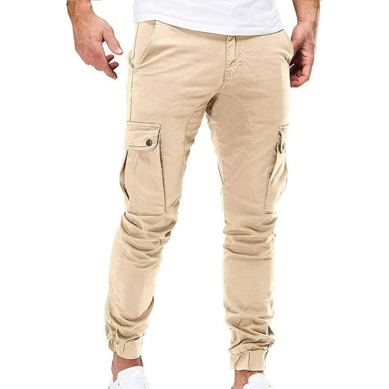 Khaki Casual Men's Retractable Pants Cargo Pocket Lace-up Casual