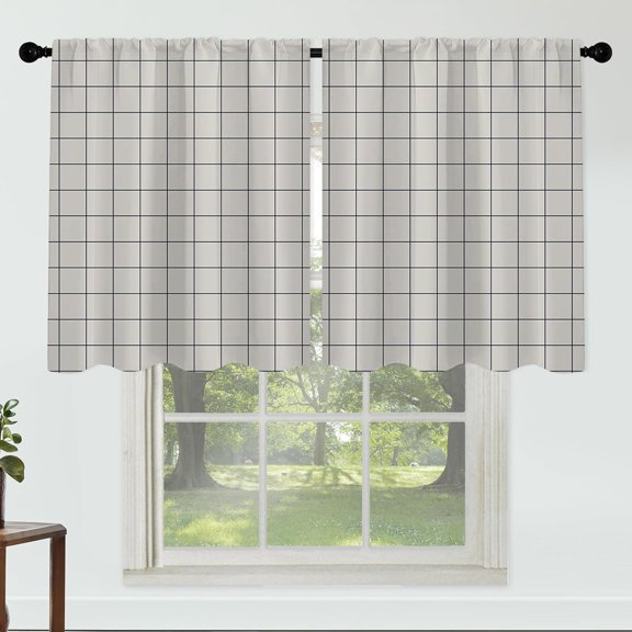 Khaki Check Curtains 27 Inches Wide 36 Inches Length 2 Panels Classical Plaid Rod Pocket Window Curtain Checkered Printed Curtains for Kitchen Bathroom