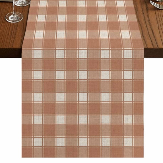 Khaki Checkered Burlap Cotton Table Runner 14x72 Inches Long, Farmhouse Plaid Buffalo Elegant Farmhouse Table Runners, Outdoor Dining Table Decor for Baby Shower/Party/Wedding