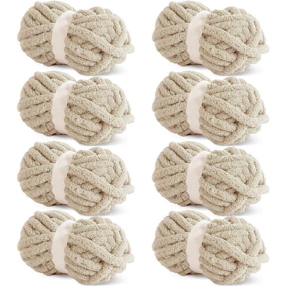Khaki Chunky Chenille Yarn - Bulky Thick Fluffy Yarn for Crocheting and Knitting Blankets, Soft Plush Yarn, 8 Jumbo Pack (31.7 yds, 8 oz Each Skein)