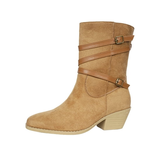 Khaki Chunky Heel Ankle Boots For Women, Belt Buckle Detail, Pointed Toe, Side Zipper For A Sandy Chic Style