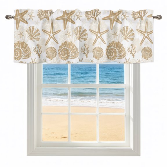 Khaki Coastal Summer Kitchen Valances for Windows 42x12 Inch Kitchen Curtains Valances Rod Pocket Coral Shell Starfish Nautical Bathroom Window Valances for Window Treatment Decor