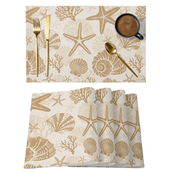 Khaki Coastal Summer Placemats Set of 8 Coral Shell Starfish Nautical Retro Place Mats Indoor Wipeable Table Mats Washable Cloth Dining Table Placemats for Kitchen Holiday Party Home Decor 13x19 Inch