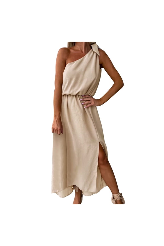 Khaki Collared Neck Spandex for Women Summer Fall Sleeveless One Shoulder Long Lounge Slit Elastic Waist Plain Dresses Ladies 2026 Clothes Trendy Country Concert S