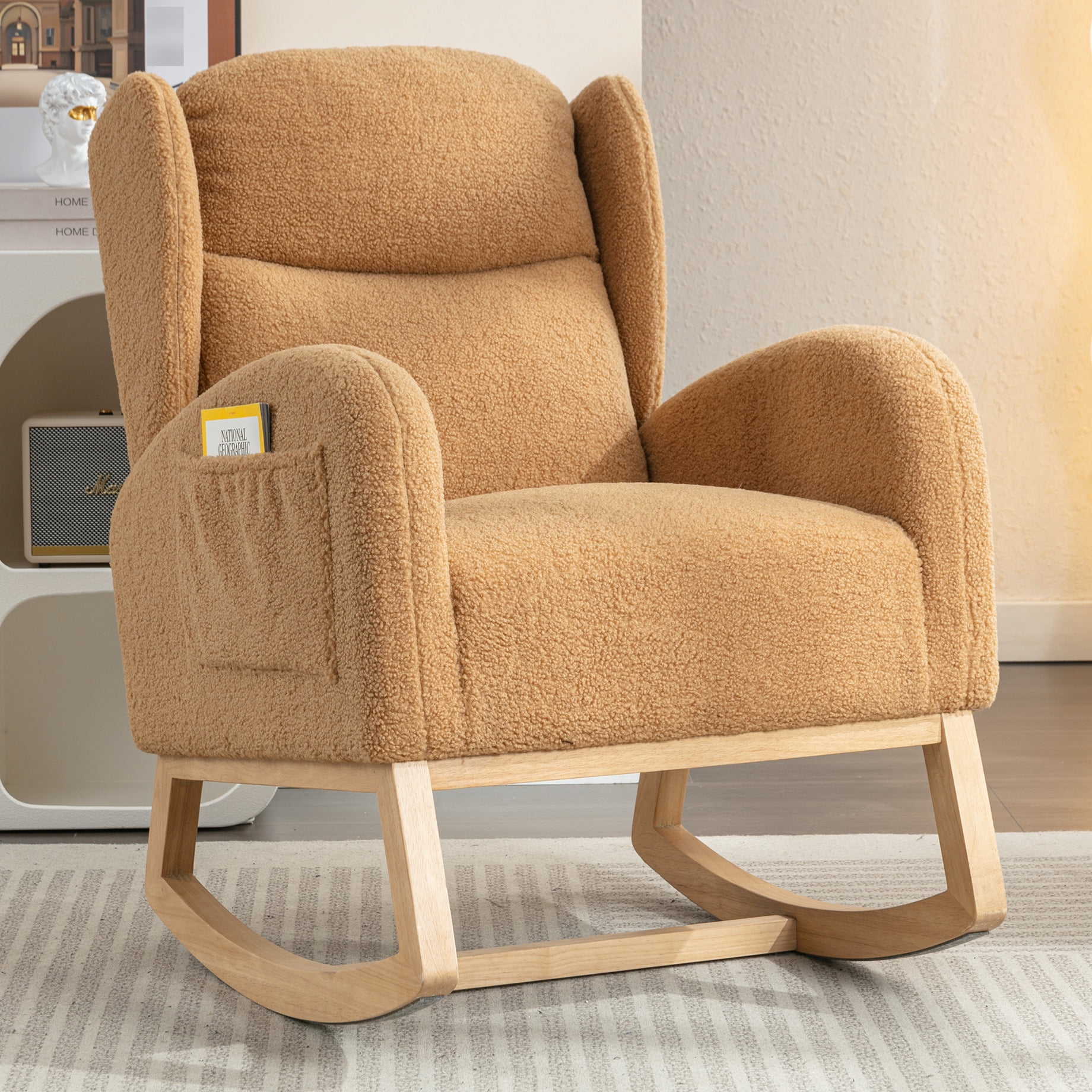 Modern Khaki Rocking Chair With Fabric, 38" D X 28" W 40" H, Sponge & Cotton Filling Color 38"d 28"w 40"h, Wipe Clean
