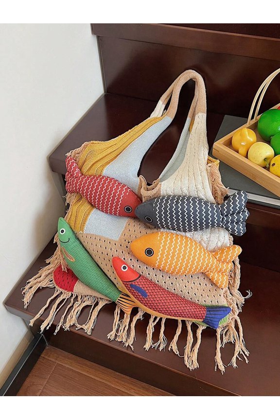 Khaki Colorblock Fish Appliqu Crochet Tote Bag For Women