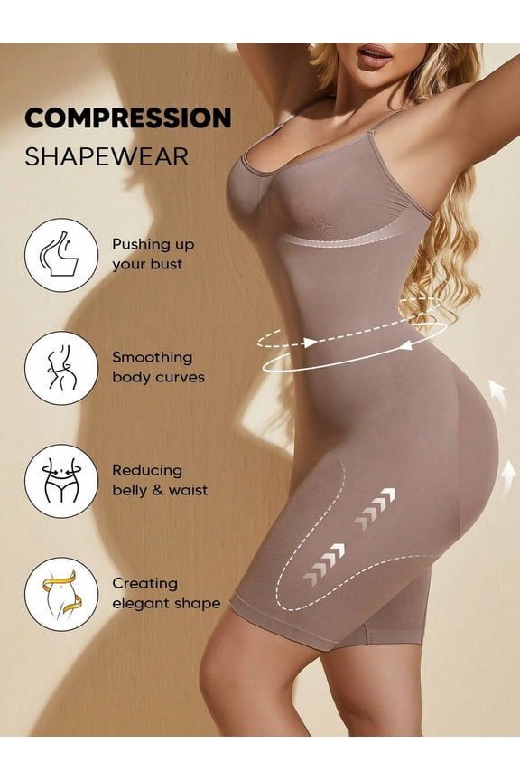 Khaki Compression Shapewear Bodysuit With Bust Lift, Tummy Control & Butt Sculpting