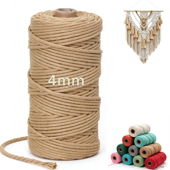 Khaki Cotton Macrame Rope - 4mm x 109Yards (328Feet), 4 Strands Twisted Macrame Cord for Bohemia Wall Hanging, Crafts, Plant Hangers, DIY Knitting,Wedding Decor