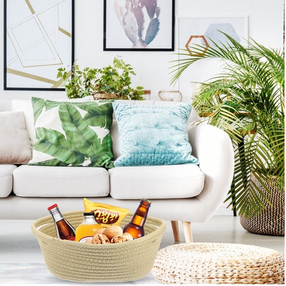 Milisten Cotton Rope Storage Basket with Handles Khaki Woven Organizer for Desktop and Home Use