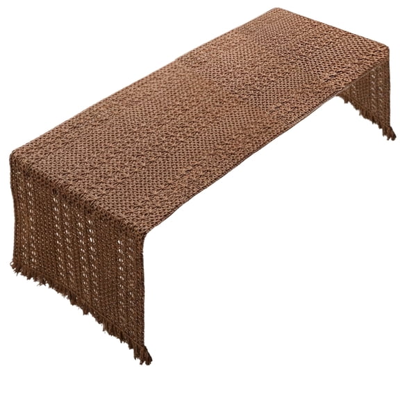Farmhouse Cotton Linen Crochet Table Runner with Tassels, Modern Rustic Woven Decorative Runner for Dining Table Decor, Washable
