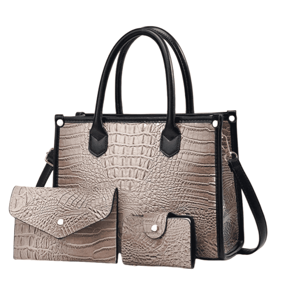 Khaki Faux Crocodile 3-Piece Set (Tote/Crossbody Wallet Card Holder) - Faux Leather, Soft & Waterproof, for Work/Daily Use, Easy to Match