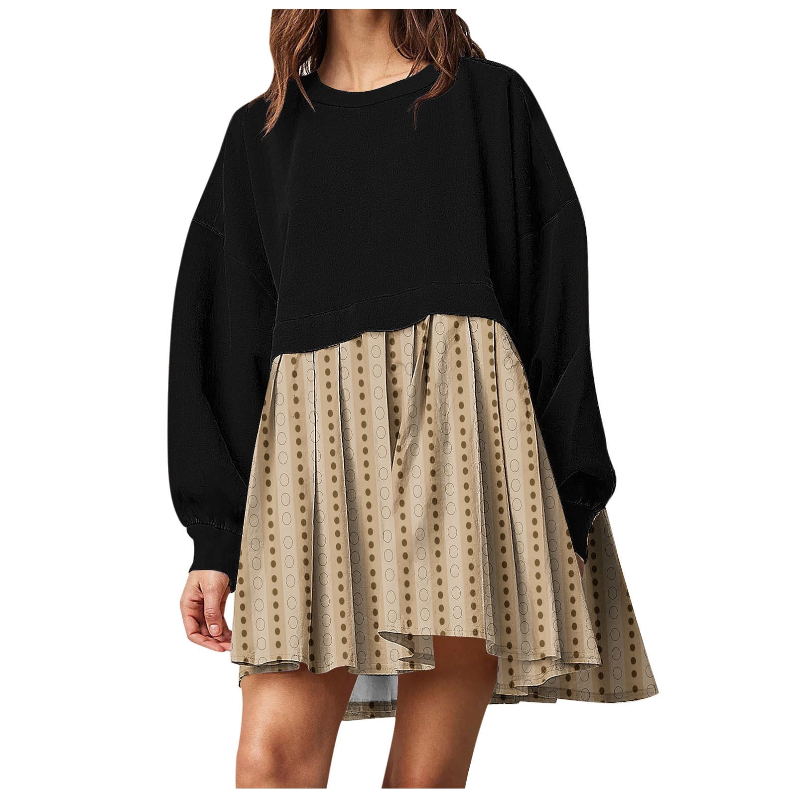 Khaki Cuff Long Sleeve Dresses For Women Fall Summer Crew Neck Spandex khaki-cuff-long-sleeve-dresses-for-women-fall-summer-crew-neck-spandex