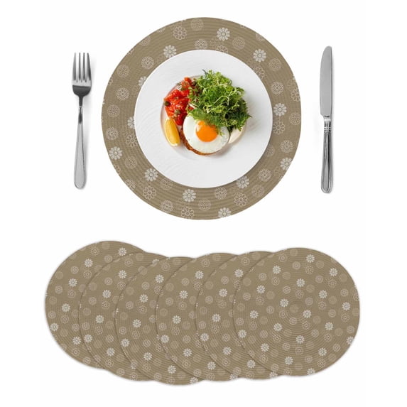 Khaki Daisy Round 13 Inch Placemats Set of 6, Modern Farmhouse Chrysanthemum Floral HeatResistant Non Slip Place Mats for Dining Table, Wipeable Braided Kitchen Table Mats for Housewarming