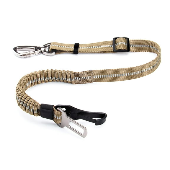 Khaki Dog Seat Belt 3-in-1 Car Harness for Dogs Adjustable Safety Seatbelt for Car Nylon Reflective Bungee Fabric Dog Car Harness with Clip Hook Latch & Buckle, Swivel Zinc Alloy Carabiner