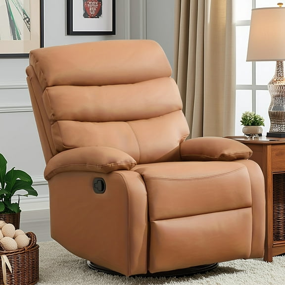 Khaki Durable Genuine Leather Recliner Chair, Comfortable Rocking & Swivel Armchair with Premium Foam Support for Relaxation